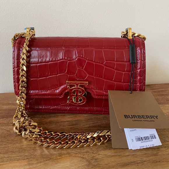 Burberry Dark Carmine Red Croc Embossed TB Chain Strap Crossbody Bag - Picture 1 of 15